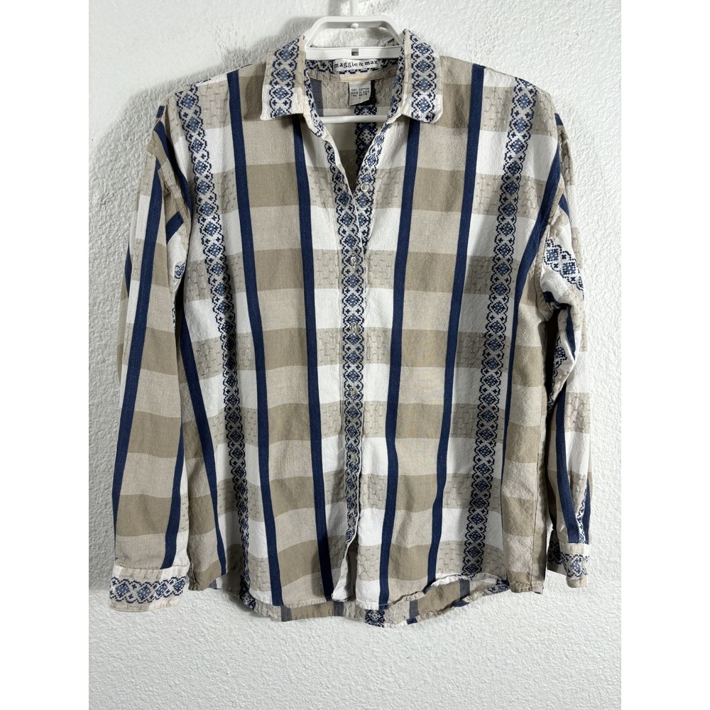 Vintage Maggie & Max Shirt Womens Large Beige Blue Plaid Embroidered Boho 90s
